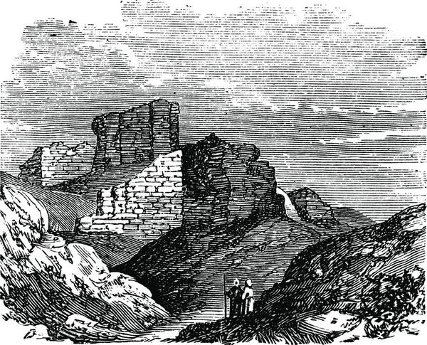 1890年代期间 伊拉克Babil的Babylonia主宫殿被毁 雕刻了古老的版画 巴比伦主宫殿废墟的古老雕刻图解 — 图库矢量图片