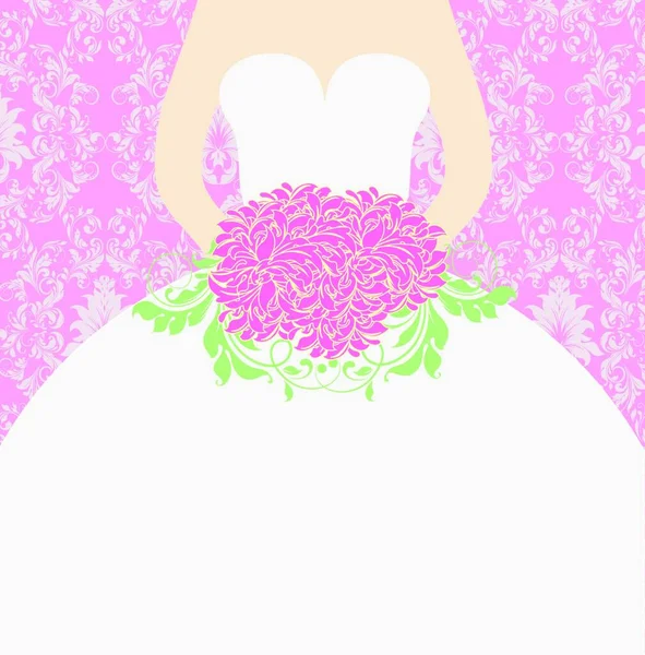 華やかでエレガントなレトロな抽象的な花のデザイン ピンクと緑の花や花束を保持するウェディングドレスの女性とピンクと白の背景に葉とヴィンテージの結婚式の招待カード ベクターイラスト — ストックベクタ