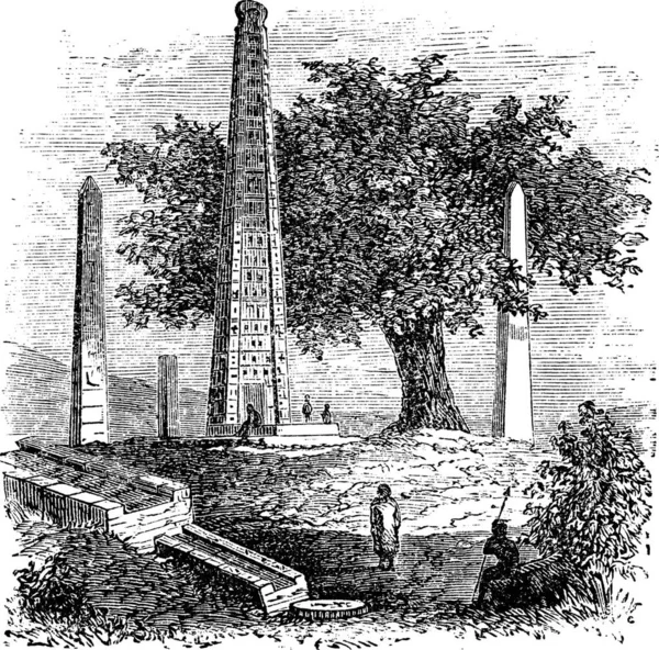 Obelisk Axum Rome Stele Tigray Region Ethiopia 1890S Vintage Engraving — Stock Vector