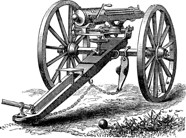 Galting Gun Gravure Vintage Ancienne Illustration Gravée Pistolet Galting Gatling — Image vectorielle