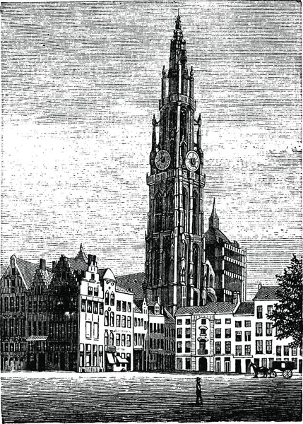 Katedrála Panny Antverpy Belgie Vintage Rytí Staré Rytý Obrázek Jednoho — Stockový vektor