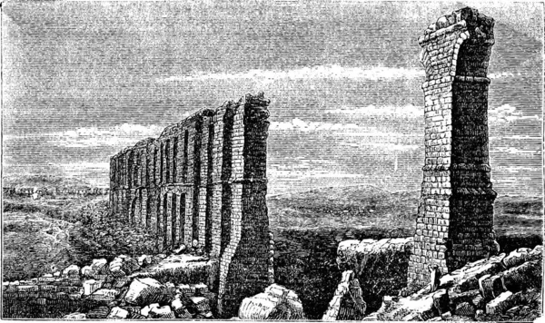 Zaghouan至迦太基罗马渡槽遗址的古老雕刻 从扎格胡安到迦太基 最长的罗马渡槽被毁 长达132公里 现已成为废墟 雕刻图解 — 图库矢量图片