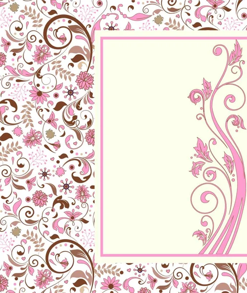フレームボーダーテキストラベルと白の背景に華やかなレトロな抽象的な花のデザイン ピンクと茶色の花や葉とヴィンテージ招待カード ベクターイラスト — ストックベクタ