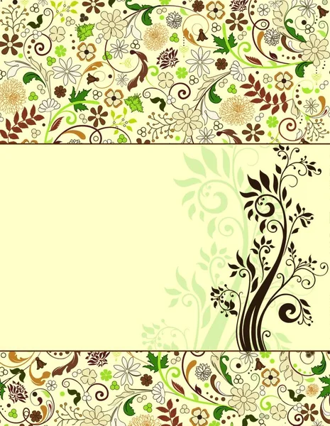 古色古香的请柬 具有华丽典雅的复古抽象花卉图案 色彩斑斓的花朵和树叶 背景淡黄 带有斑纹文字标签 矢量说明 — 图库矢量图片