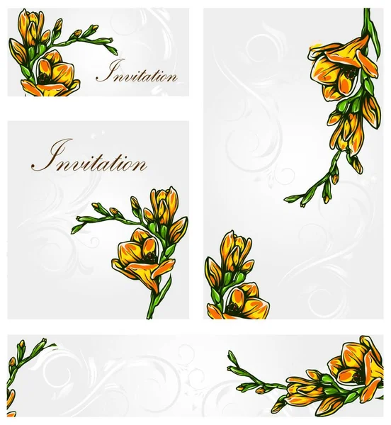 一套四 套带有华丽典雅复古抽象花卉图案的老式邀请卡 灰色背景的黄色橙花和绿叶 附有文字标签 矢量说明 — 图库矢量图片