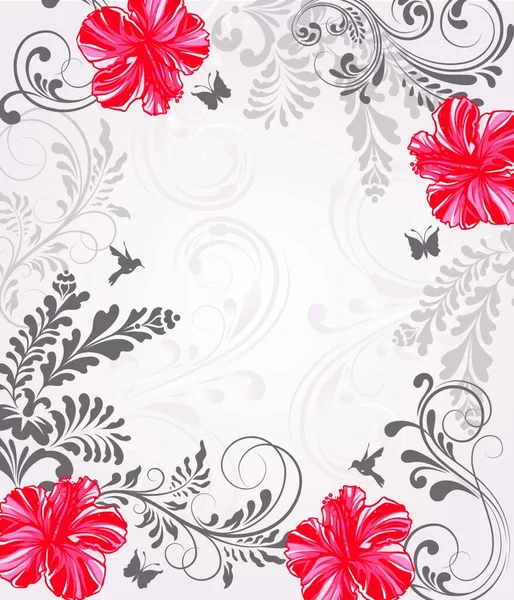 華やかでエレガントなレトロな抽象的な花のデザイン 赤とグレーの花や鳥蝶やテキストラベルとライトグレーの背景に葉とヴィンテージ招待カード ベクターイラスト — ストックベクタ