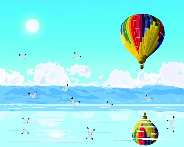 色とりどりの風船が青い海に浮かんでいる カモメは風船や鳥の反射で飛んでいます 背景としての山と空 — ストックベクタ