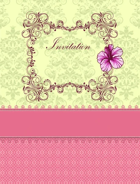 華やかなエレガントなレトロな抽象的な花柄 ピンク色の花とピンクのメッシュ リボンとテキスト ラベルの背景に淡い黄色と灰色の背景に葉を持つヴィンテージの招待状 ベクトル図 — ストックベクタ