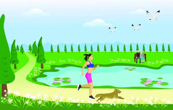 その女性と彼女の犬は公園の途中でジョギングをしている 沼地と緑の草原を背景に — ストックベクタ