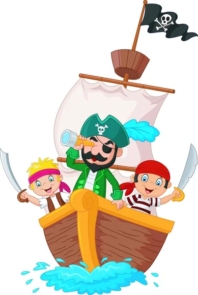 Cartoon Pouco Pirata Estava Navegando Ocean Vector Ilustração — Vetor de Stock