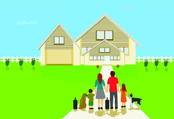 家庭父母将住在一个新的白色房子里 在蓝天的背景下 有一片草坪和白色的栅栏 — 图库矢量图片