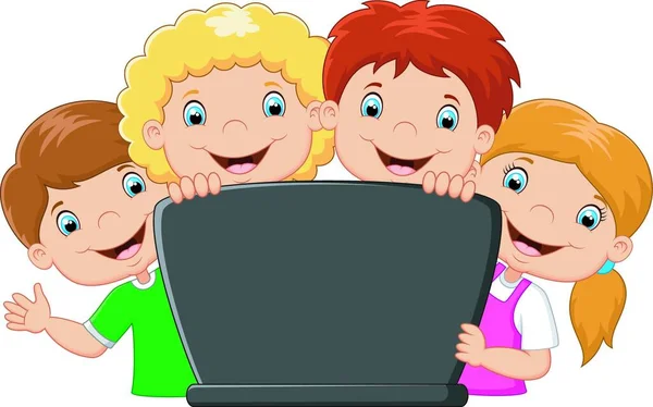 Cartone Animato Famiglia Felice Con Computer Portatile — Vettoriale Stock