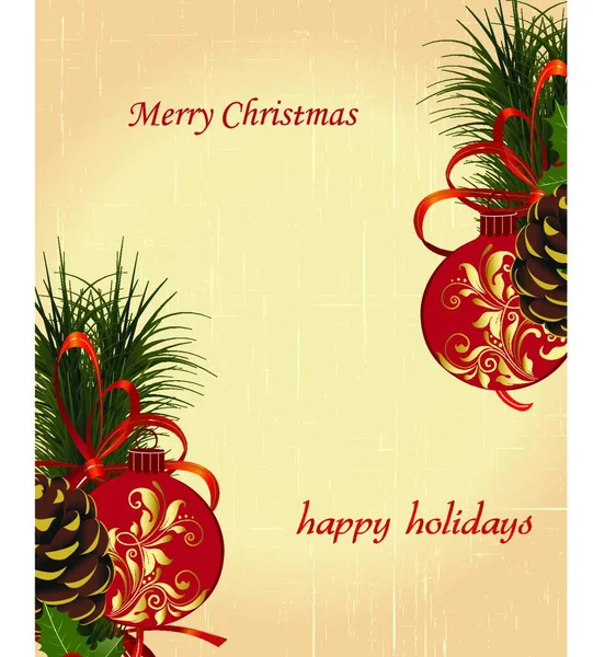 Carte Noël Vintage Avec Motif Floral Rétro Élégant Décoré Boules — Image vectorielle