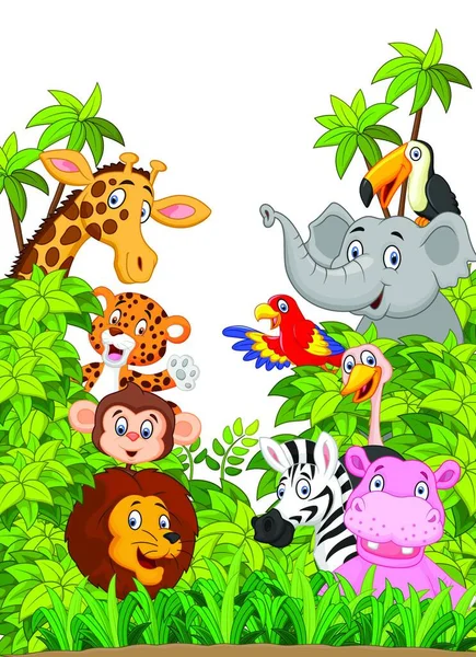 Colección Dibujos Animados Animal Feliz Selva — Vector de stock