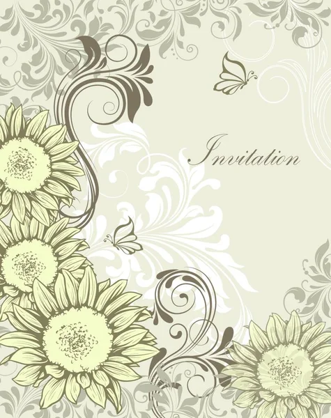 華やかなエレガントなレトロな抽象的な花柄 淡いの黄色の白灰色と暗い灰色花蝶やテキスト ラベルの明るい灰色の背景に葉とビンテージの招待状 ベクトル図 — ストックベクタ