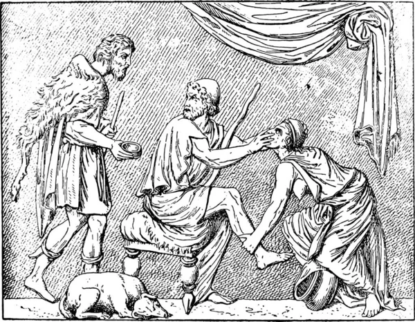 ヴィンテージにイラストが刻まれたオデュッセウスと彼の看護婦 — ストックベクタ