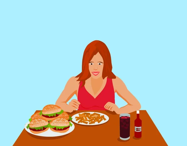 Femme Manger Hamburger Avec Hamburger Illustration Vectorielle Alimentaire — Image vectorielle