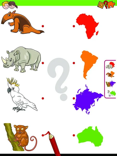 Cartoon Illustration Educational Matching Game Children Animal Species Characters Continent — Stockvector