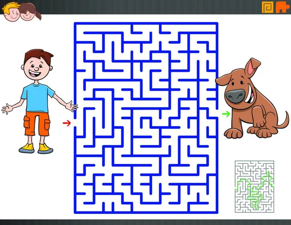 Cartoon Illustration Educational Maze Puzzle Game Children Boy Puppy Dog - Stok Vektor