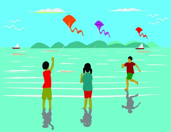 Дети Играют Воздушных Змеев Пляже Имейте Море Качестве Фона — стоковый вектор