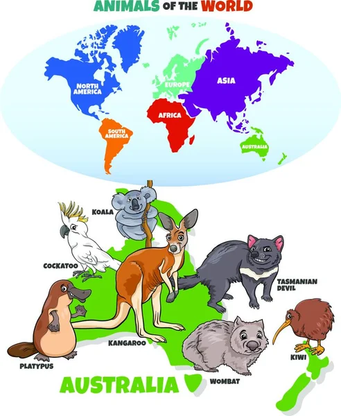 Educational Cartoon Illustration Australian Animals World Map Continents — стоковий вектор