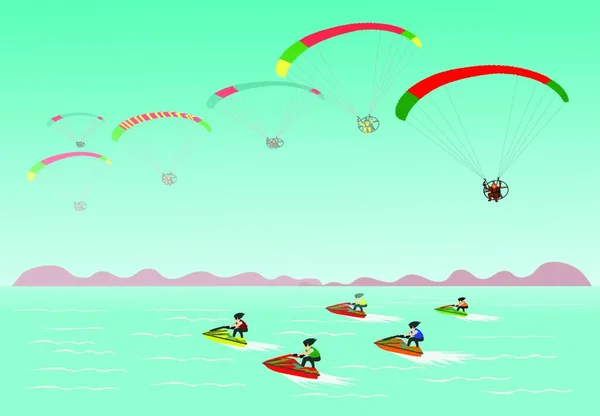 Urlaub Meer Segelflugzeug Gibt Einen Jet Ski Meerblauen Himmel Hintergrund — Stockvektor