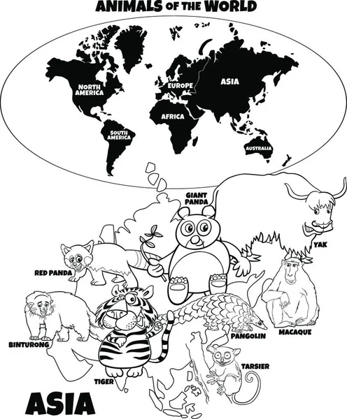 Dibujos Animados Educativos Blanco Negro Ilustración Animales Asiáticos Mapa Del — Vector de stock