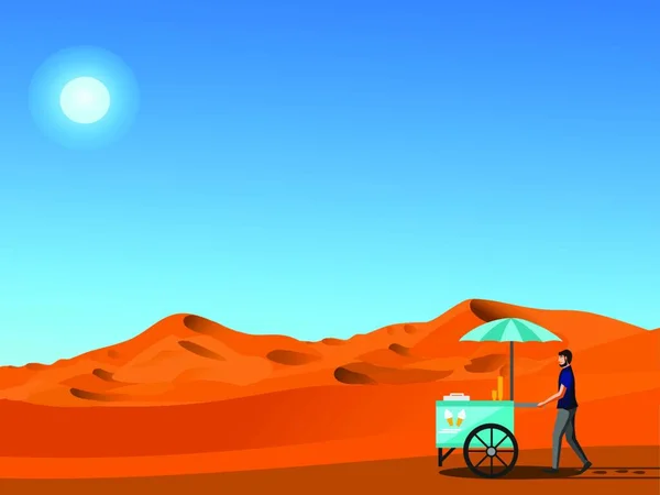 Продавець Морозива Штовхає Візок Морозива Пустелю Блакитним Небом Задньому Плані — стоковий вектор