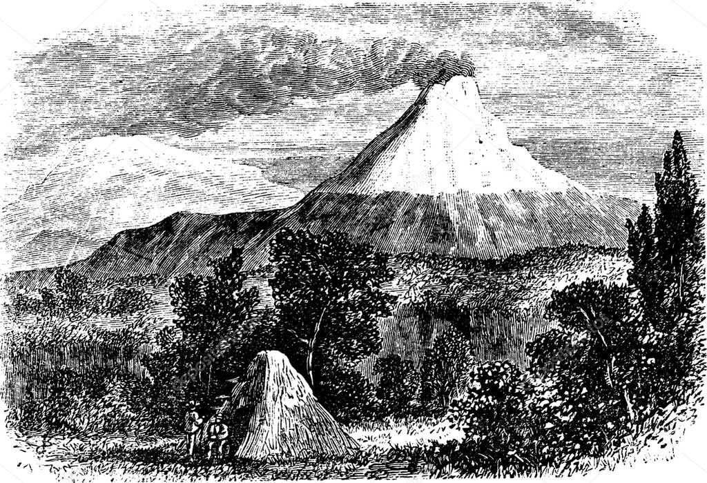 Volcán Cotopaxi en Ecuador, durante la década de 1890, grabado vintage