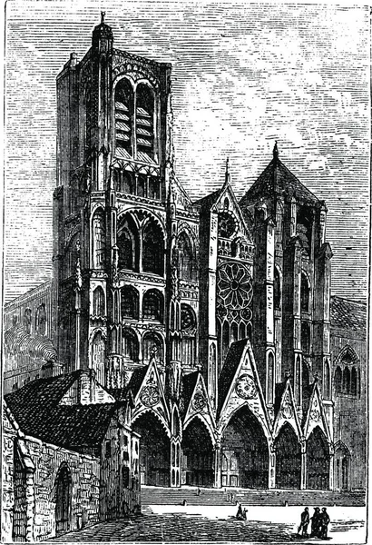 Catedral Bourges Bourges França Gravura Vintage Ilustração Gravada Antiga Frente —  Vetores de Stock