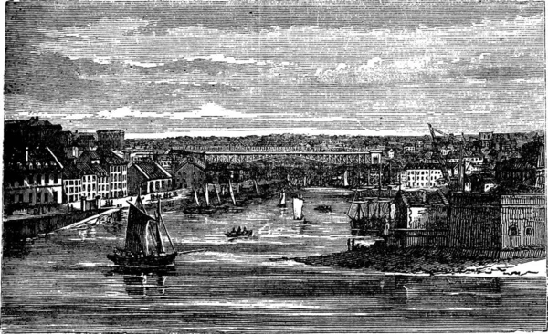 Penfeld River Brest France Old Engraved Picture Penfeld River Brest — 图库矢量图片