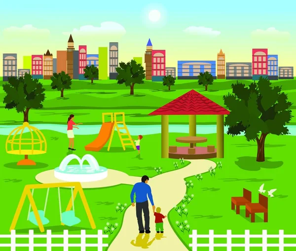 Children Playground Sport Leisure Outdoor Summer Picnic City Park Landscape — 图库矢量图片