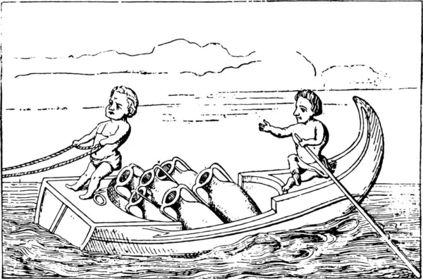 Bir Tekne Sürüş Pigmeler Vintage Illüstrasyon Kazınmış — Stok Vektör