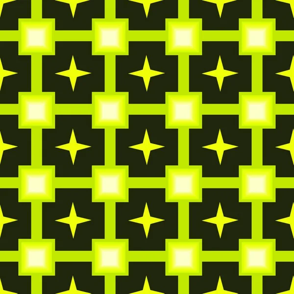 Seamless Pattern Yellow Square Grid Star Black Background — Stock Vector