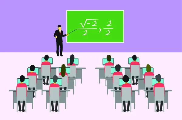 Male Teacher Points Blackboard Teach Students Classroom — Stock Vector