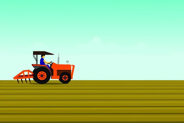 Hombre Está Conduciendo Tractor Naranja Con Fin Arar Suelo Campo — Vector de stock