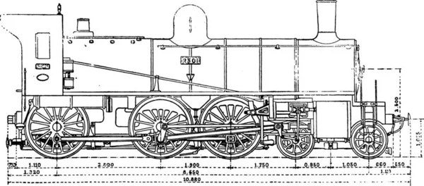 Μηχανή Έχει Τρεις Άξονες Και Τροχοφορέα Ζευγάρια Δυτικός Σιδηρόδρομος Vintage — Διανυσματικό Αρχείο