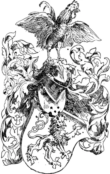 Casco Del Cavaliere Scudo Del Leone Mostrato Con Gallo Illustrazione — Vettoriale Stock