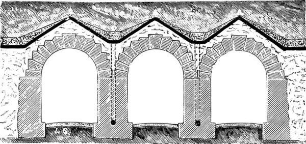 Coupe Une Série Bunkers Montrant Agencement Des Chapes Illustration Gravée — Image vectorielle