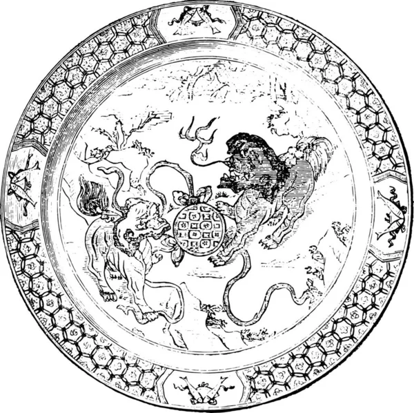 多色磁器の皿 ヴィンテージの刻まれた図 産業百科事典 1875 — ストックベクタ