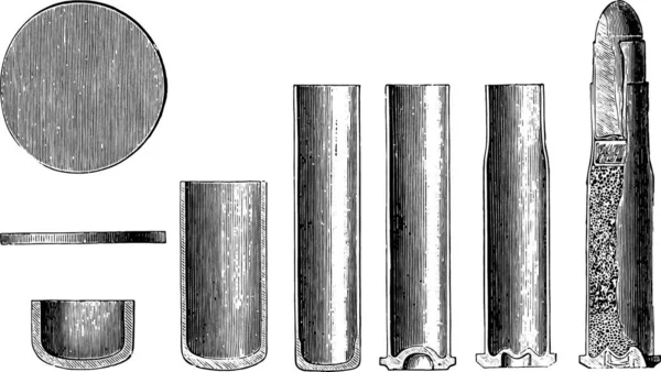 Cartuccia Fabbricazione Fucile Modello 1874 Illustrazione Incisa Vintage Enciclopedia Industriale — Vettoriale Stock