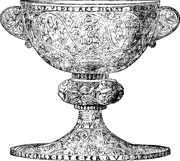 世紀後半 銀の聖餐杯は金箔し ニエロ像 ビンテージの刻まれたイラストが飾られました 産業百科事典 1875 — ストックベクタ