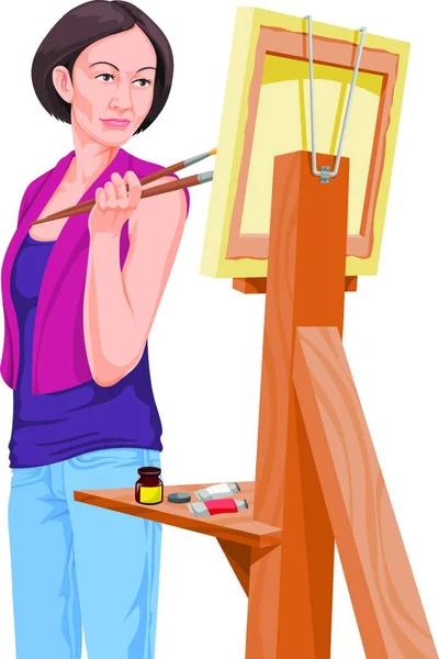Vector Illustration Female Artist Looking Her Painting — Stock Vector