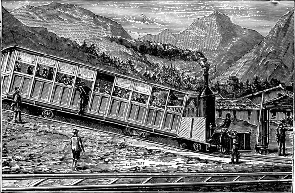 Rack Ferroviário Rigi Locomotiva Carro Carga Vintage Gravada Ilustração Enciclopédia —  Vetores de Stock