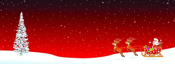 Санта Клаус Санях Оленятами Червоному Тлі Спрюс Сніжинки Сніг Різдвяна — стоковий вектор