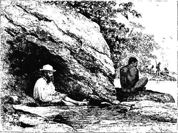 ブラジルのオワポケにある大きな岩の陰では リウがヴィンテージの彫刻のイラストであるクレボ博士のスケッチから描いています Tour Monde Travel Journal 1880 — ストックベクタ