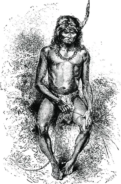 Native Man Making Rope Oiapoque Brazil Drawing Riou Sketch Crevaux — стоковий вектор