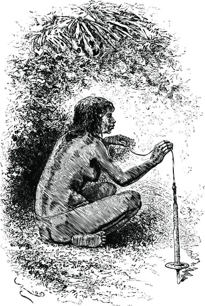 Native Woman Spinning Top Oiapoque Brasil Dibujo Riou Partir Boceto — Vector de stock
