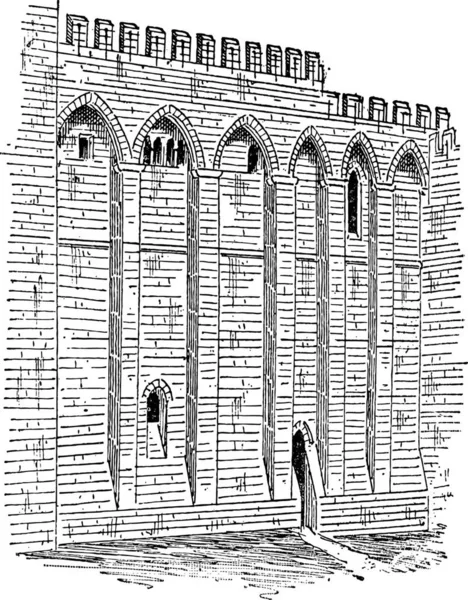 Påvliga Palatset Avignon Frankrike Visar Ytterväggen Vintage Ingraverad Illustration Ordlista — Stock vektor