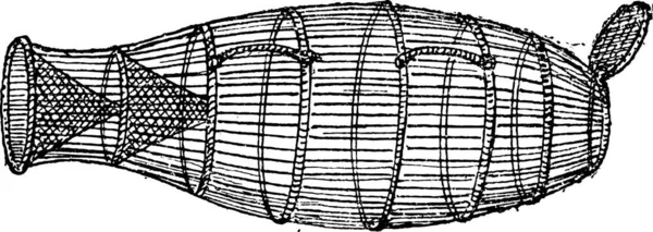 魚のトラップ バスケット型 ヴィンテージの刻まれた図 辞書の単語と物事を Larive 1895 — ストックベクタ